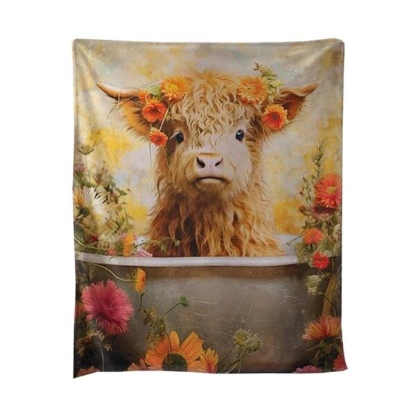 Unbranded Other - New Highland Calf Plush Throw Blanket Gift Farm Horns Bull Daisies NIP Cow Photo
